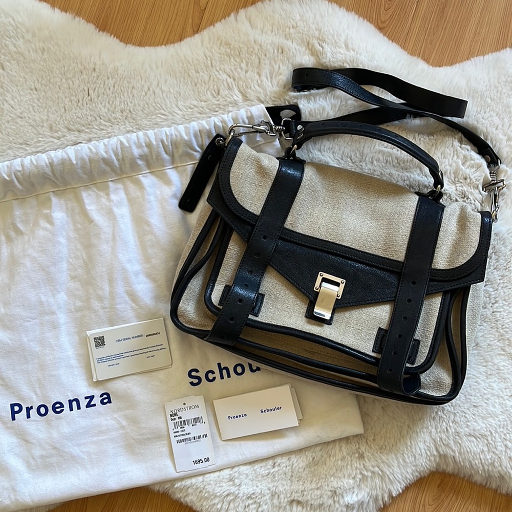 Proenza Schouler PS1 Medium Satchel Bag in Linen & Black Leather